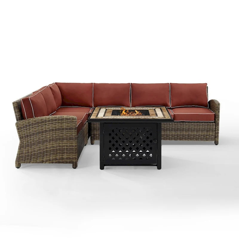 Crosley Bradenton Ensemble de conversation 5 pièces en osier avec coussins couleur Sangria – 115,75 l x 85,75 P x 32,5 H