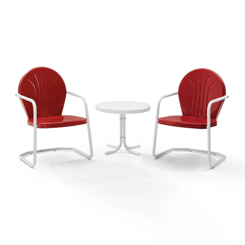 Ensemble de conversation extérieur 3 pièces en métal Crosley Griffith – Deux chaises au fini rouge avec table d'appoint au fini blanc
