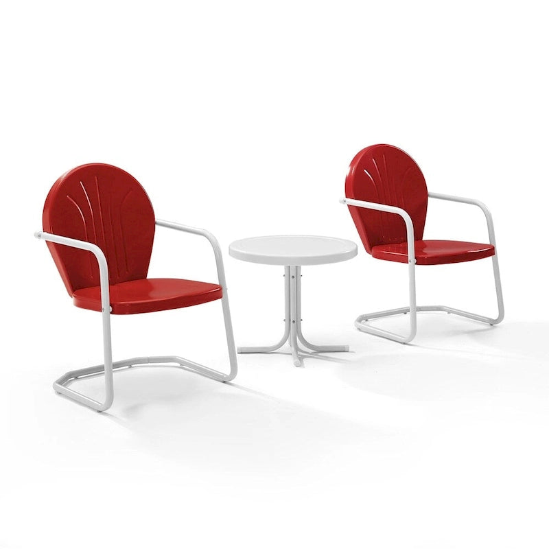 Ensemble de conversation extérieur 3 pièces en métal Crosley Griffith – Deux chaises au fini rouge avec table d'appoint au fini blanc