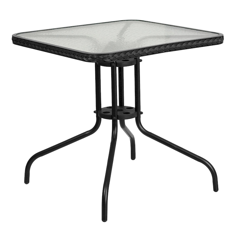 Table de bistro carrée en verre trempé intérieur/extérieur avec bordure en rotin – 71 larg. x 71 prof. x 71 haut. (cm)