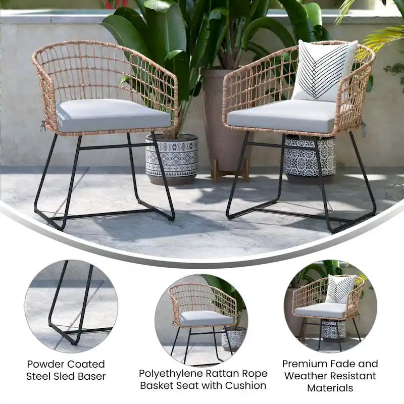 2 fauteuils de club bohème en rotin tressé pour l'intérieur/l'extérieur - Coussins d'assise inclus