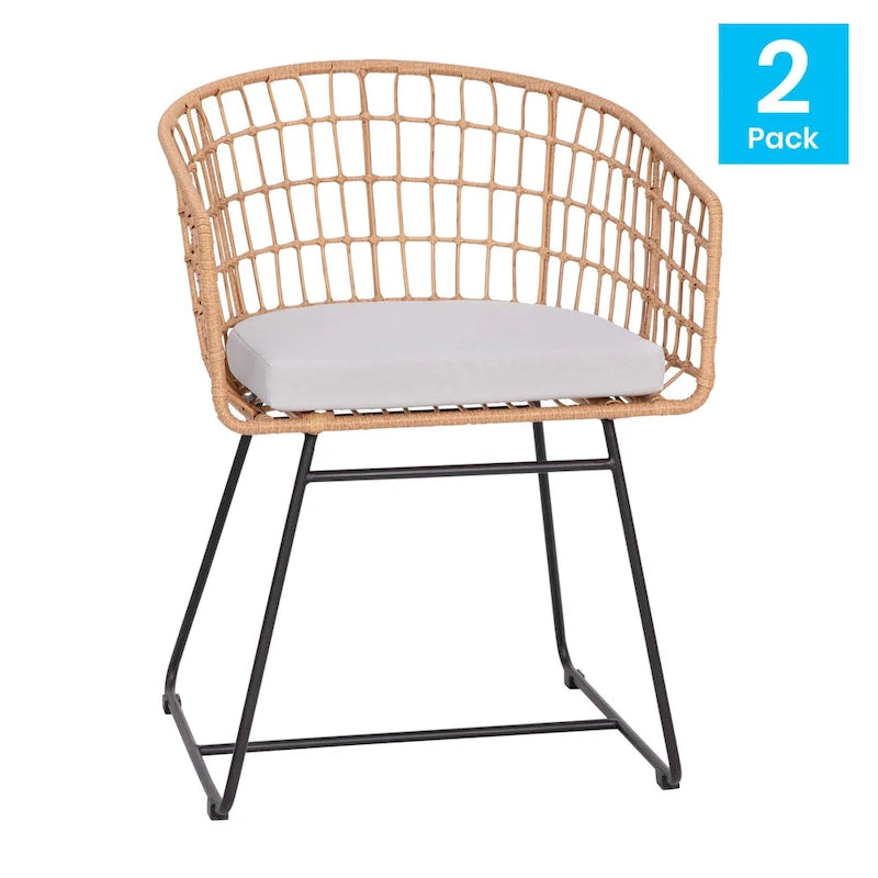2 fauteuils de club bohème en rotin tressé pour l'intérieur/l'extérieur - Coussins d'assise inclus