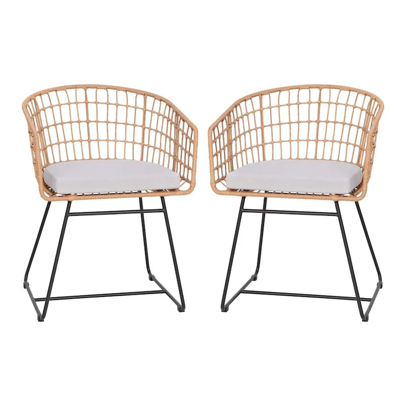 2 fauteuils de club bohème en rotin tressé pour l'intérieur/l'extérieur - Coussins d'assise inclus