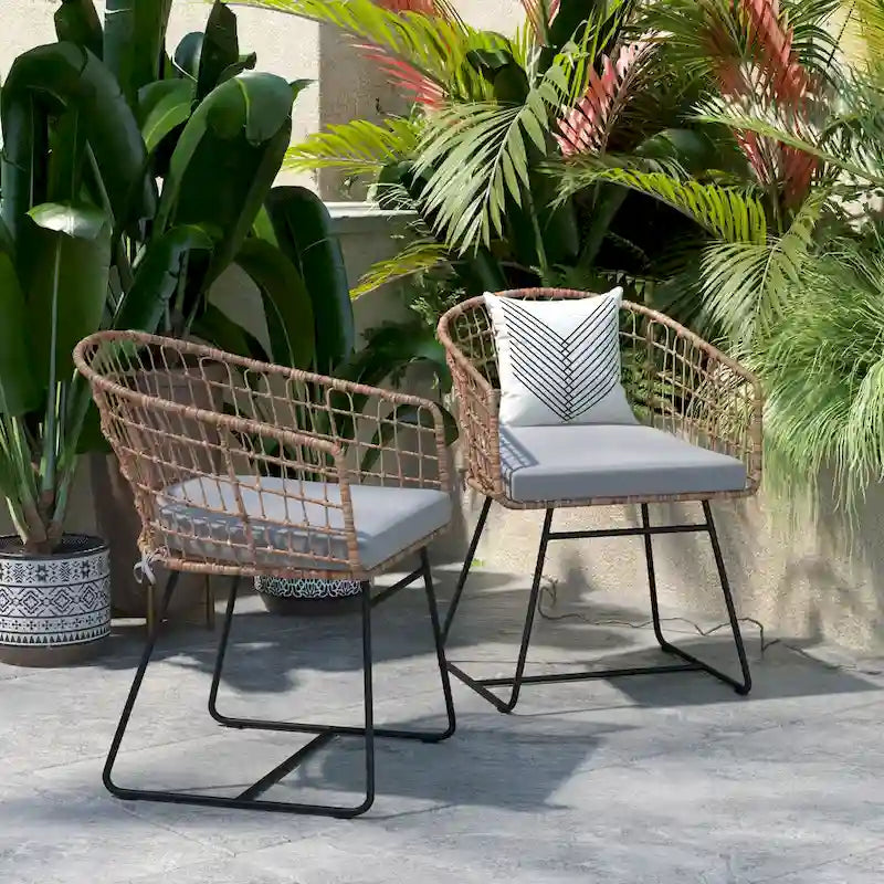 2 fauteuils de club bohème en rotin tressé pour l'intérieur/l'extérieur - Coussins d'assise inclus