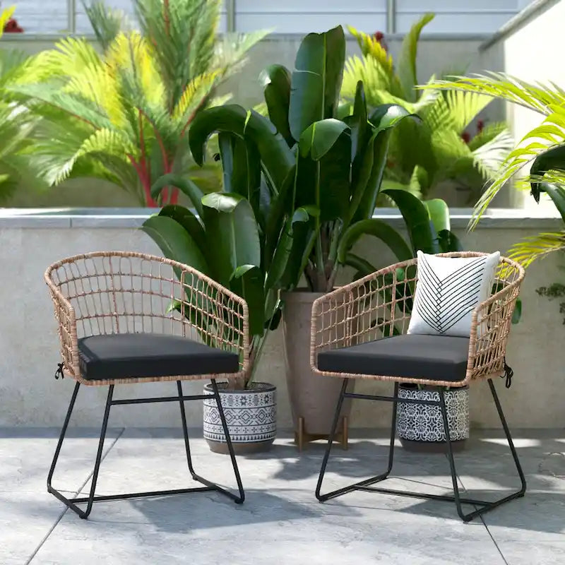 2 fauteuils de club bohème en rotin tressé pour l'intérieur/l'extérieur - Coussins d'assise inclus