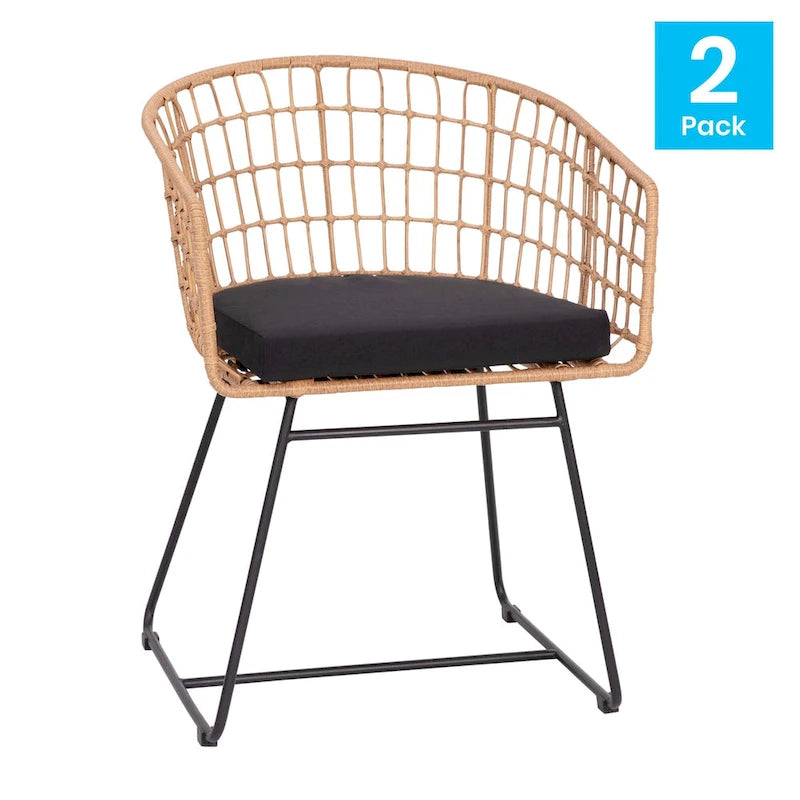 2 fauteuils de club bohème en rotin tressé pour l'intérieur/l'extérieur - Coussins d'assise inclus
