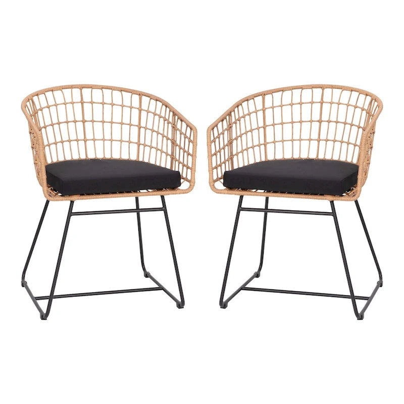 2 fauteuils de club bohème en rotin tressé pour l'intérieur/l'extérieur - Coussins d'assise inclus