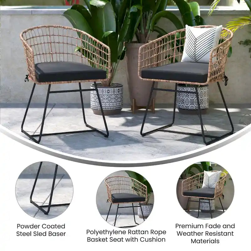 2 fauteuils de club bohème en rotin tressé pour l'intérieur/l'extérieur - Coussins d'assise inclus