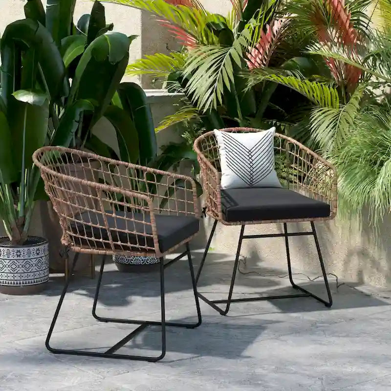2 fauteuils de club bohème en rotin tressé pour l'intérieur/l'extérieur - Coussins d'assise inclus