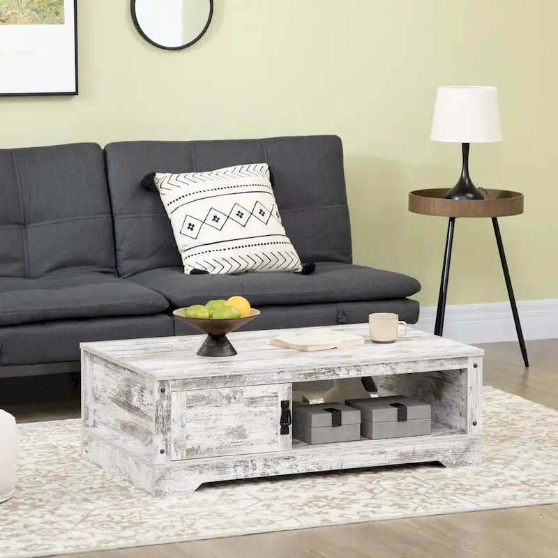 HOMCOM Coffee Table, Vintage Style Tea Table with Cabinet, Open Storage Compartments, Coffee Tables for Living Room, White