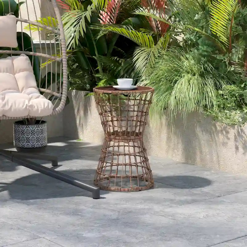 Table d'appoint bohème en rotin et corde avec plateau en bois d'acacia, pour intérieur/extérieur - 40 L x 40 P x 63,5 H cm
