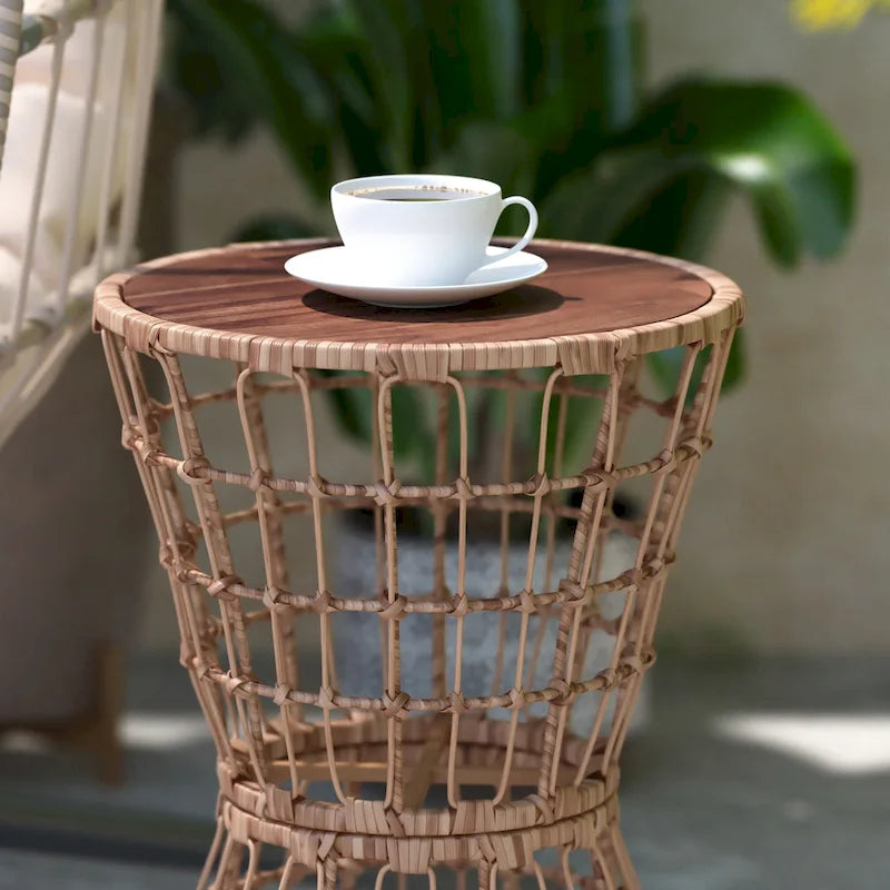 Table d'appoint bohème en rotin et corde avec plateau en bois d'acacia, pour intérieur/extérieur - 40 L x 40 P x 63,5 H cm