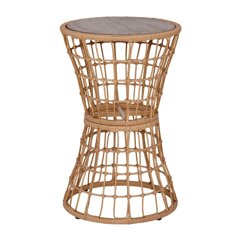 Table d'appoint bohème en rotin et corde avec plateau en bois d'acacia, pour intérieur/extérieur - 40 L x 40 P x 63,5 H cm