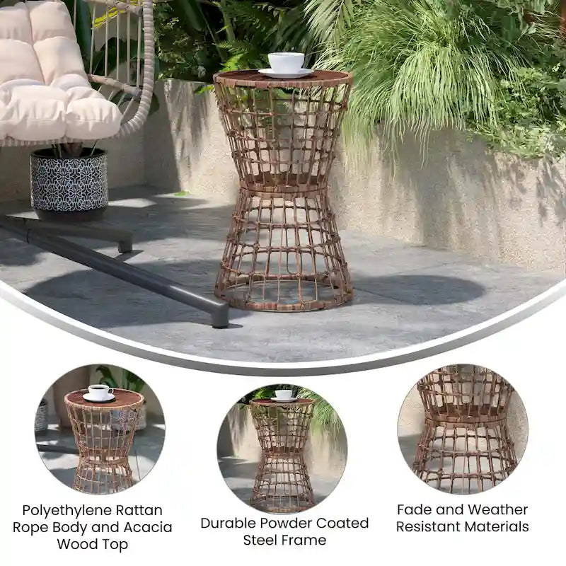 Table d'appoint bohème en rotin et corde avec plateau en bois d'acacia, pour intérieur/extérieur - 40 L x 40 P x 63,5 H cm