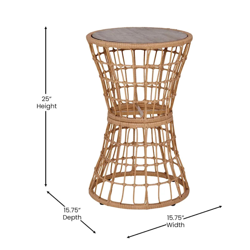 Table d'appoint bohème en rotin et corde avec plateau en bois d'acacia, pour intérieur/extérieur - 40 L x 40 P x 63,5 H cm