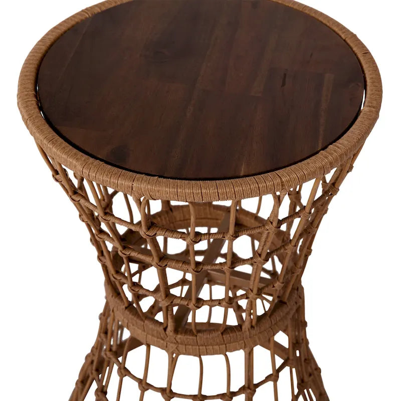 Table d'appoint bohème en rotin et corde avec plateau en bois d'acacia, pour intérieur/extérieur - 40 L x 40 P x 63,5 H cm