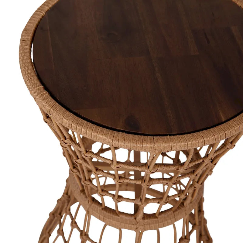 Table d'appoint bohème en rotin et corde avec plateau en bois d'acacia, pour intérieur/extérieur - 40 L x 40 P x 63,5 H cm