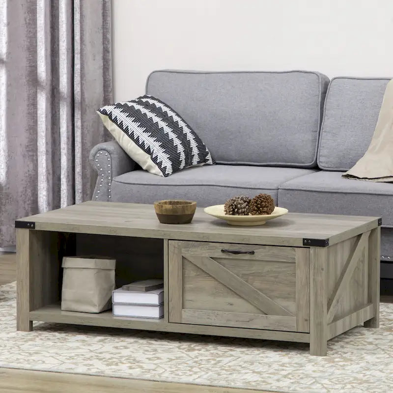 Table basse de style rustique HOMCOM avec rangement et tiroir, table basse rustique pour salon, étagère ouverte, chêne gris
