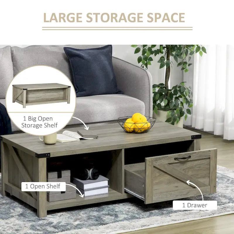Table basse de style rustique HOMCOM avec rangement et tiroir, table basse rustique pour salon, étagère ouverte, chêne gris