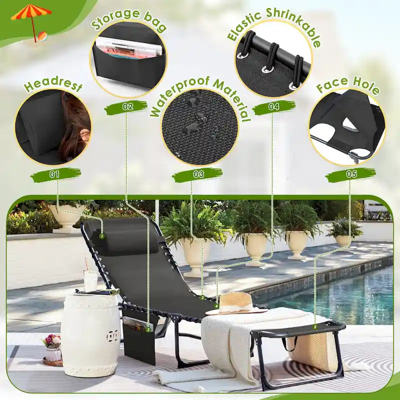 Homall Lot de 2 chaises longues pliables avec trou facial, hauteur de 30,5 cm, réglables, pour terrasse, plage, piscine, café