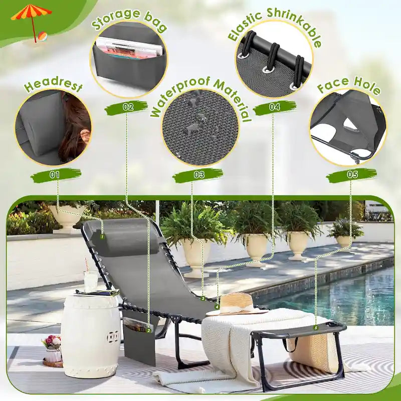 Homall Lot de 2 chaises longues pliables avec trou facial, hauteur de 30,5 cm, réglables, pour terrasse, plage, piscine, café