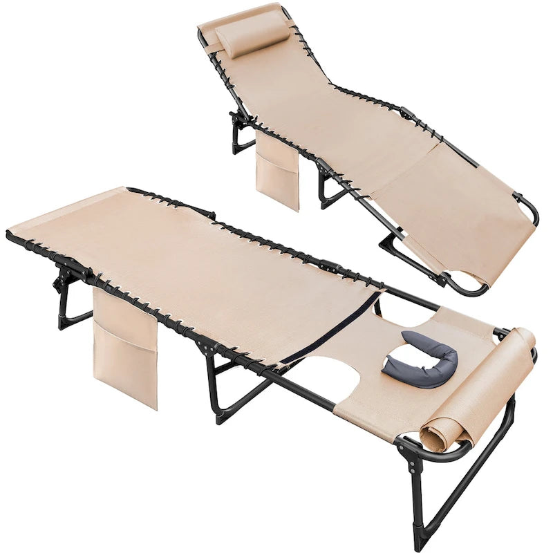 Homall Lot de 2 chaises longues pliables avec trou facial, hauteur de 30,5 cm, réglables, pour terrasse, plage, piscine, café