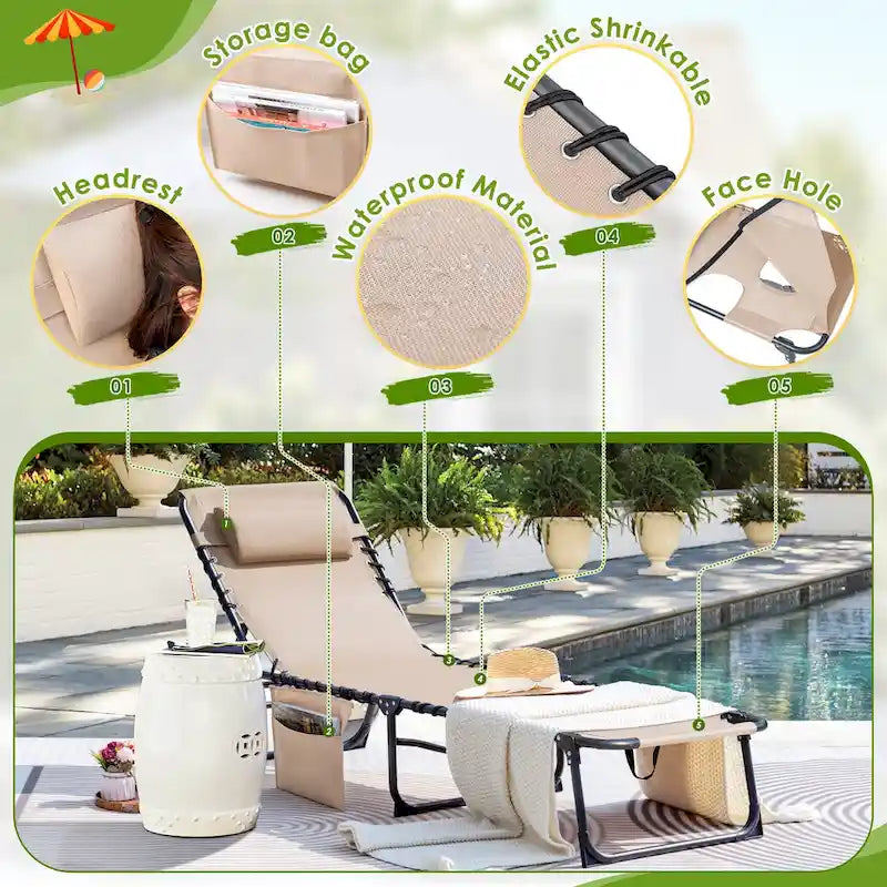 Homall Lot de 2 chaises longues pliables avec trou facial, hauteur de 30,5 cm, réglables, pour terrasse, plage, piscine, café