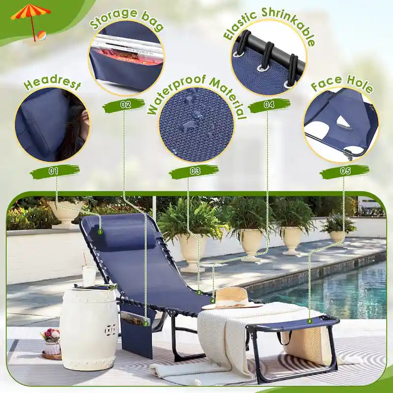 Homall Lot de 2 chaises longues pliables avec trou facial, hauteur de 30,5 cm, réglables, pour terrasse, plage, piscine, café