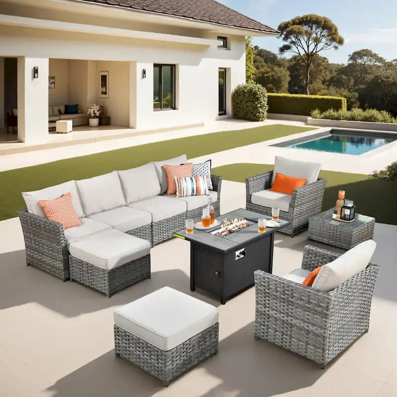 XIZZI Ensemble de canapés modulaires d'extérieur 10 pièces avec foyer