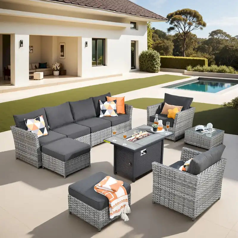 XIZZI Ensemble de canapés modulaires d'extérieur 10 pièces avec foyer