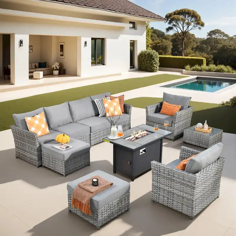 XIZZI Ensemble de canapés modulaires d'extérieur 10 pièces avec foyer