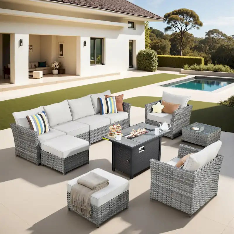 XIZZI Ensemble de canapés modulaires d'extérieur 10 pièces avec foyer