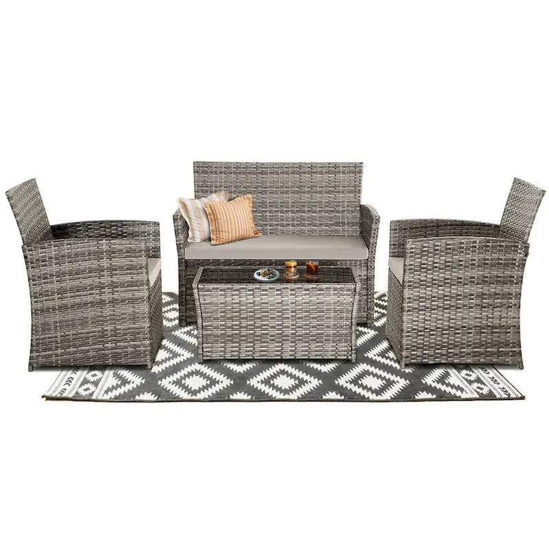 Ensemble de conversation 4 pièces en osier pour terrasse, canapé et fauteuils en rotin