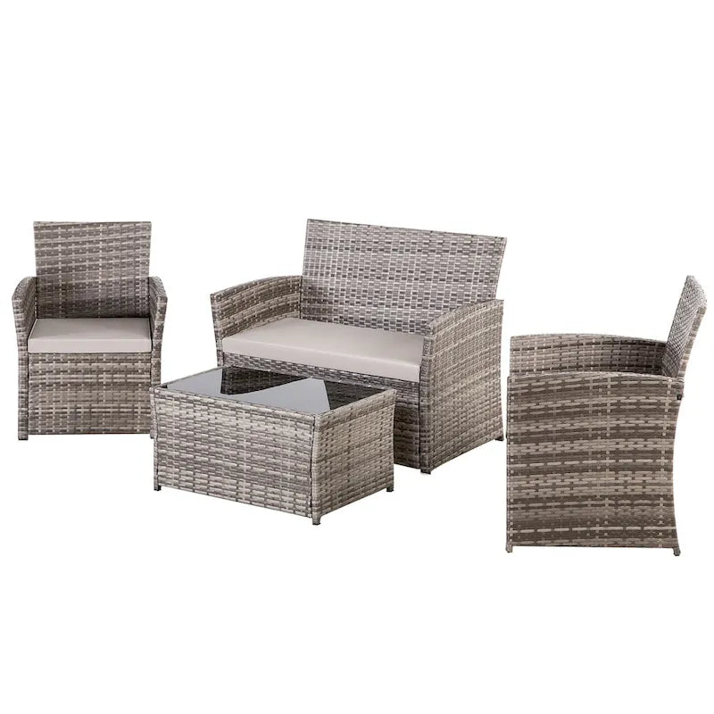 Ensemble de conversation 4 pièces en osier pour terrasse, canapé et fauteuils en rotin