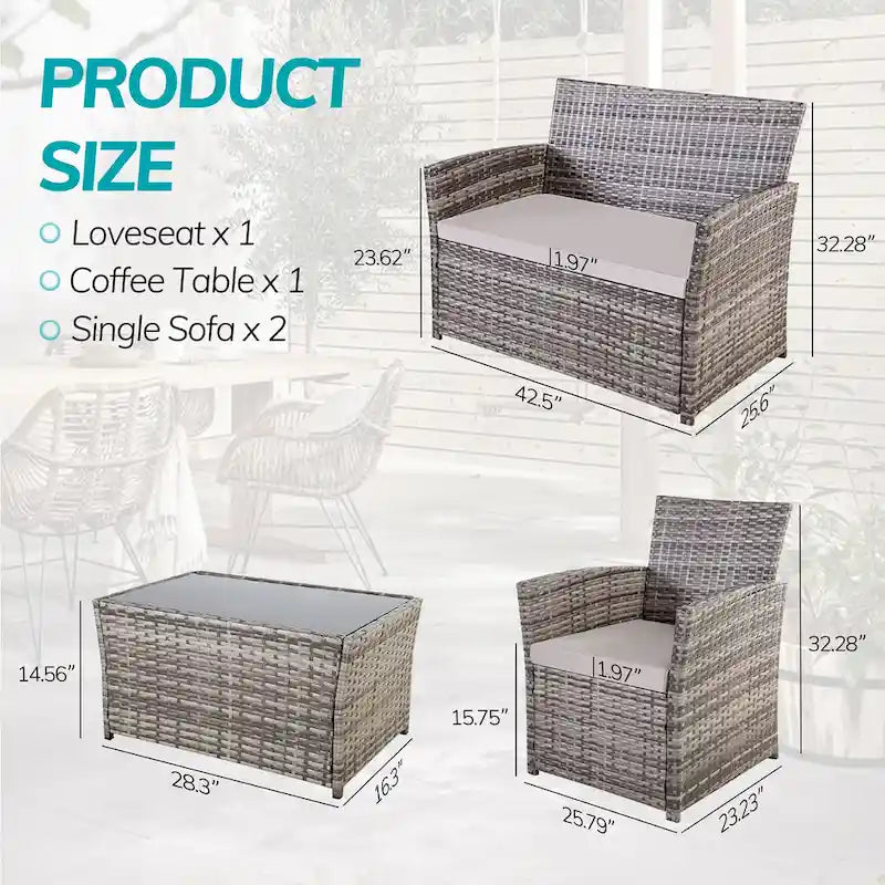 Ensemble de conversation 4 pièces en osier pour terrasse, canapé et fauteuils en rotin