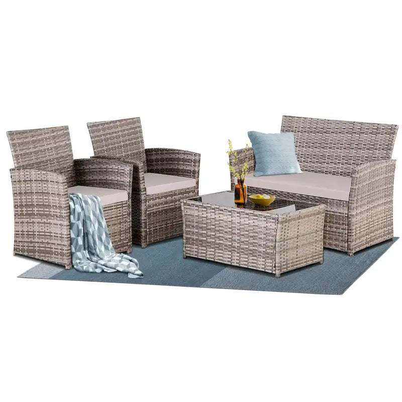 Ensemble de conversation 4 pièces en osier pour terrasse, canapé et fauteuils en rotin