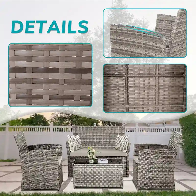 Ensemble de conversation 4 pièces en osier pour terrasse, canapé et fauteuils en rotin