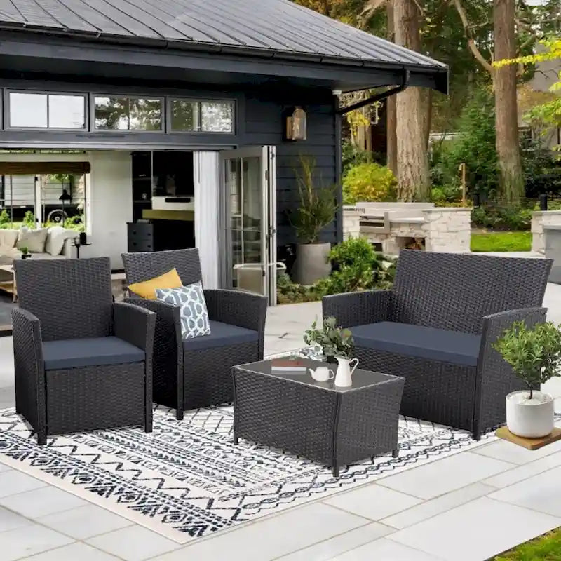 Ensemble de conversation 4 pièces en osier pour terrasse, canapé et fauteuils en rotin