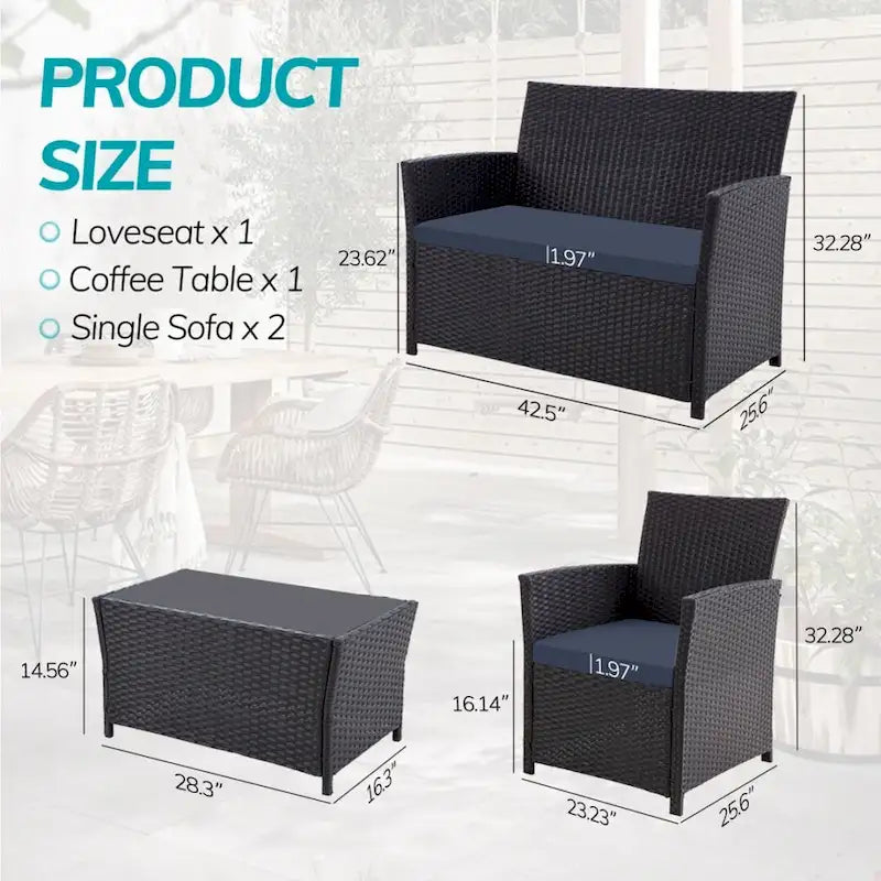 Ensemble de conversation 4 pièces en osier pour terrasse, canapé et fauteuils en rotin