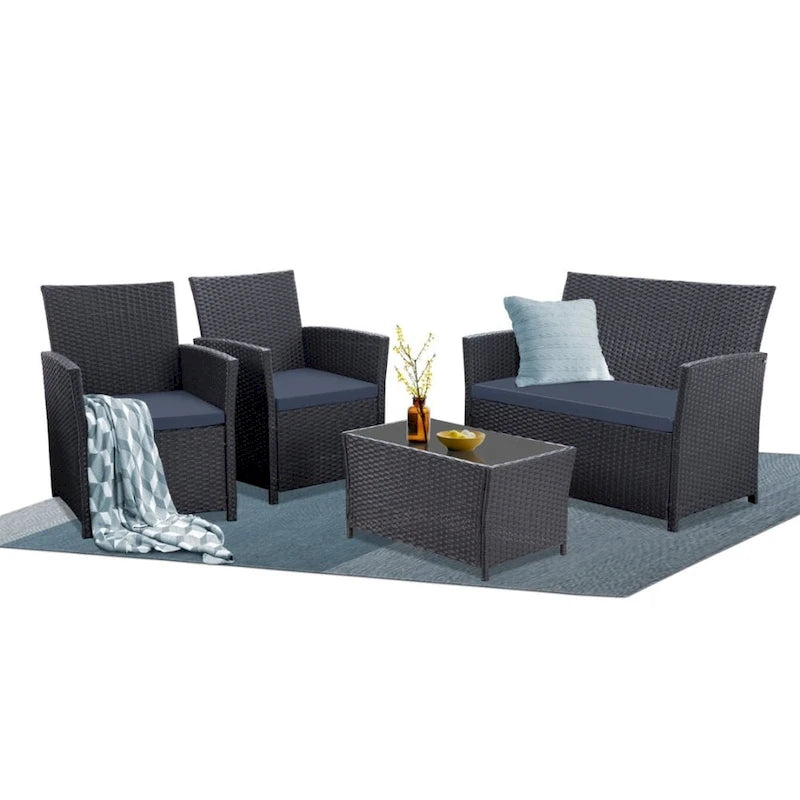 Ensemble de conversation 4 pièces en osier pour terrasse, canapé et fauteuils en rotin