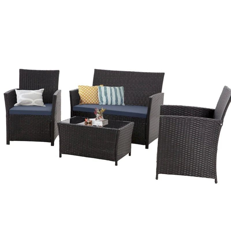Ensemble de conversation 4 pièces en osier pour terrasse, canapé et fauteuils en rotin