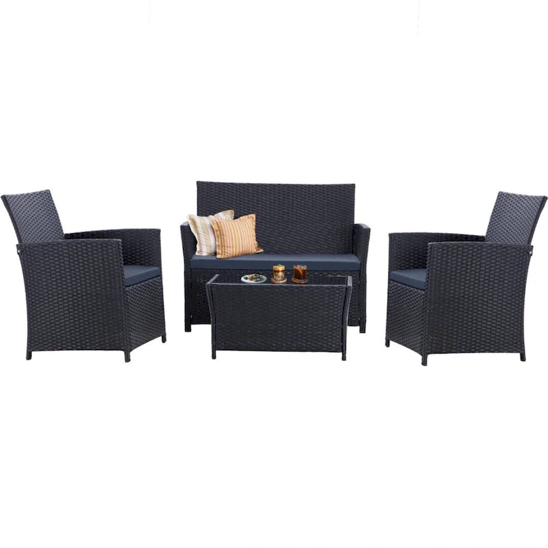 Ensemble de conversation 4 pièces en osier pour terrasse, canapé et fauteuils en rotin