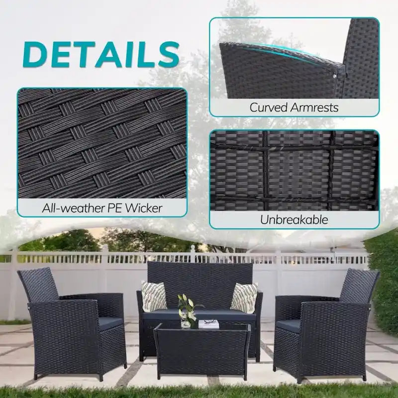 Ensemble de conversation 4 pièces en osier pour terrasse, canapé et fauteuils en rotin