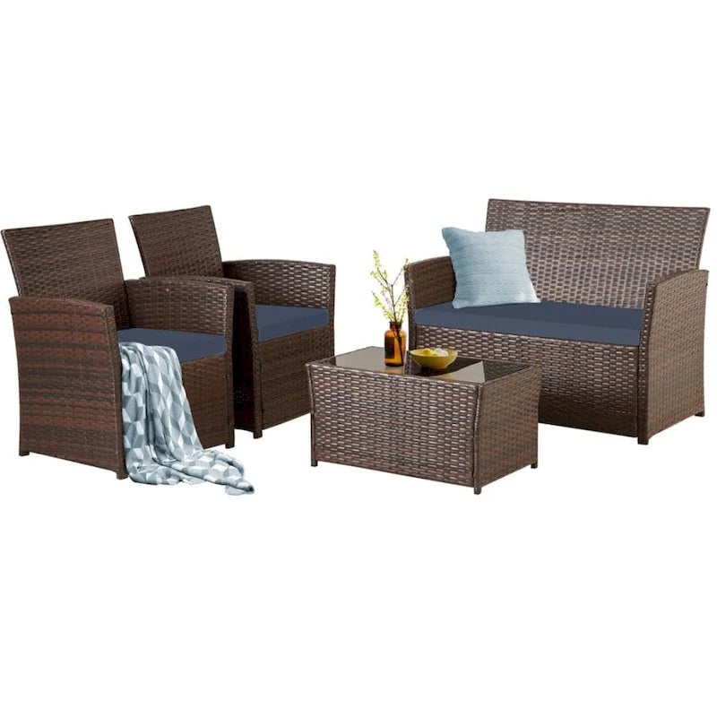 Ensemble de conversation 4 pièces en osier pour terrasse, canapé et fauteuils en rotin