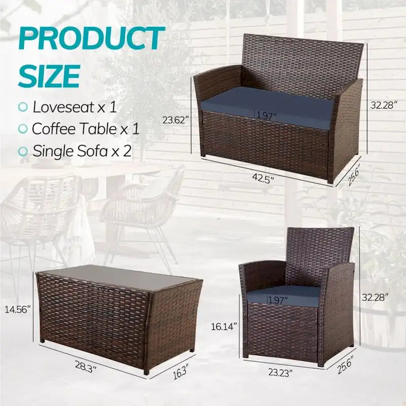 Ensemble de conversation 4 pièces en osier pour terrasse, canapé et fauteuils en rotin