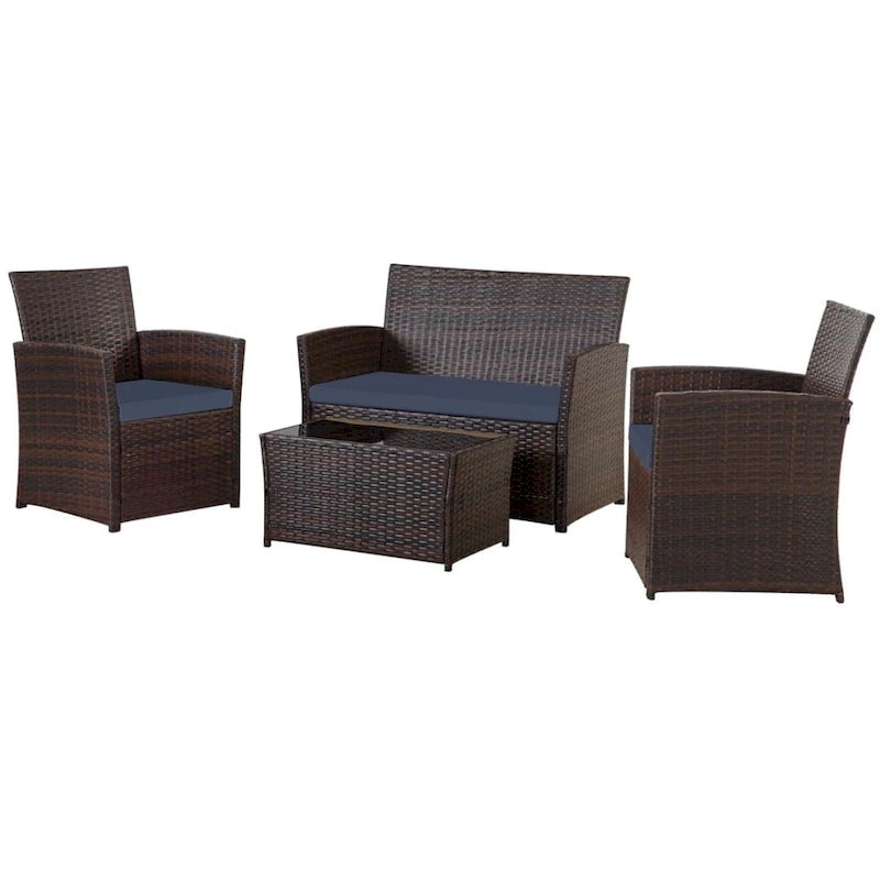 Ensemble de conversation 4 pièces en osier pour terrasse, canapé et fauteuils en rotin