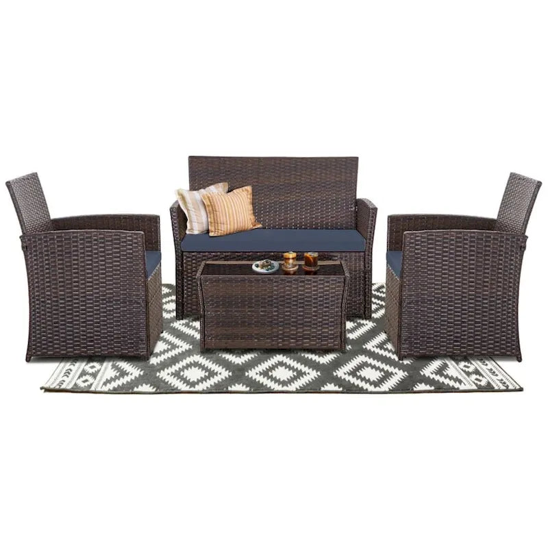 Ensemble de conversation 4 pièces en osier pour terrasse, canapé et fauteuils en rotin