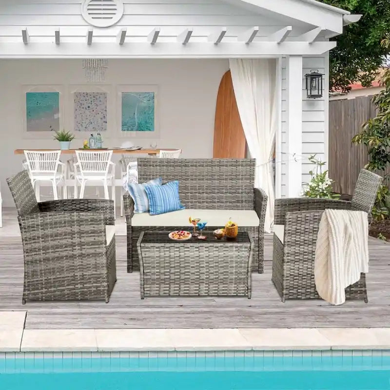 Ensemble de conversation 4 pièces en osier pour terrasse, canapé et fauteuils en rotin