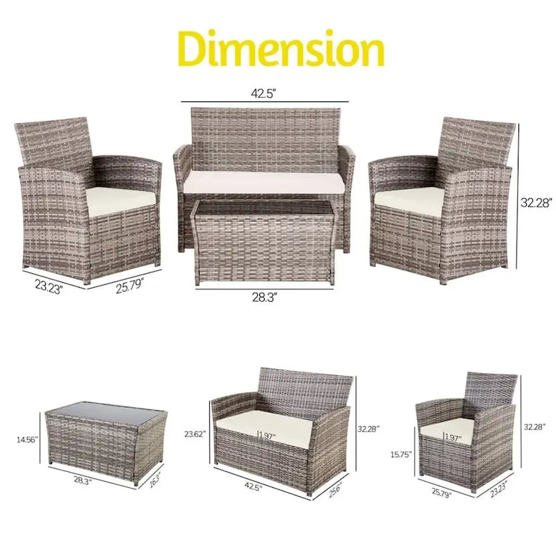 Ensemble de conversation 4 pièces en osier pour terrasse, canapé et fauteuils en rotin