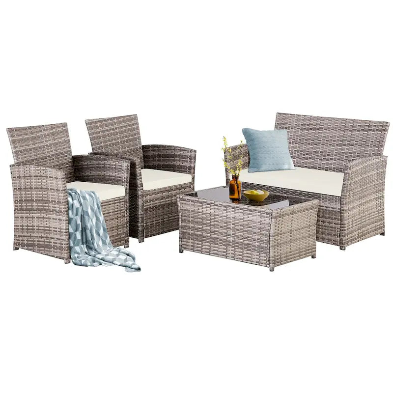 Ensemble de conversation 4 pièces en osier pour terrasse, canapé et fauteuils en rotin